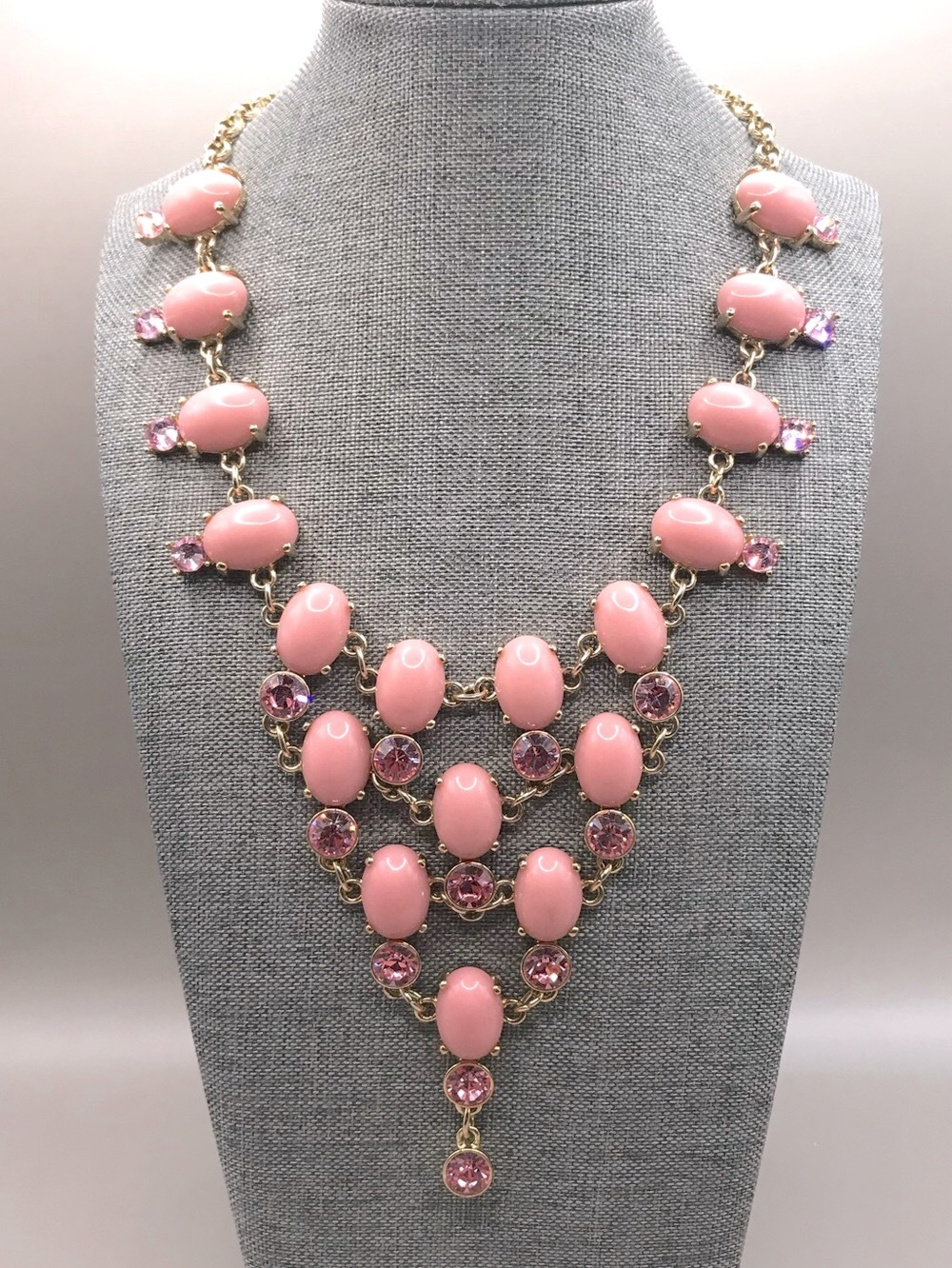 Elegant Pink Cabochon Statement Bib Necklace with Gold-Tone Chain